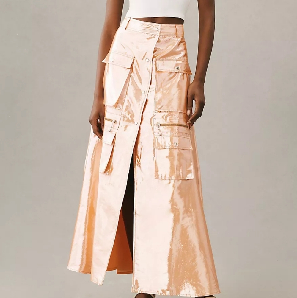Anthropologie Let Me Be Metallic Cargo Maxi Skirt Size L Large may fit M